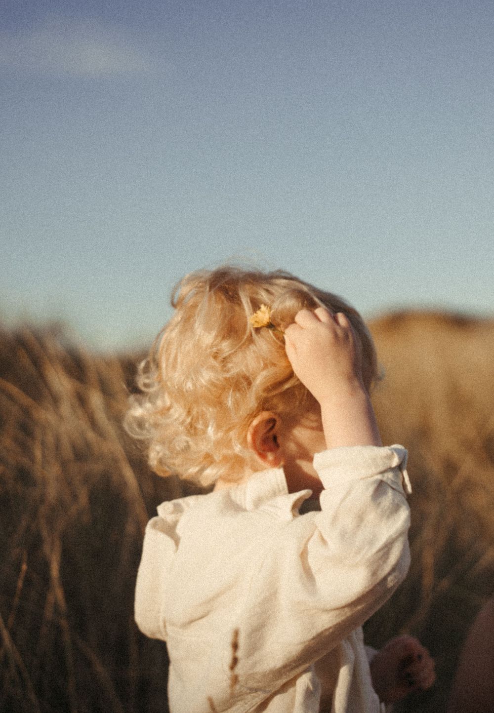 Child with curly hair touching head in sunlit field of grass.