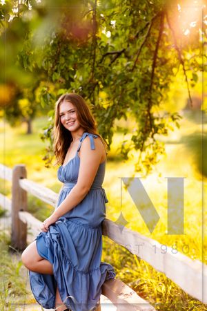A light blue dress flows in golden sunlight near a white fence surrounded by lush greenery on a warm summer evening.