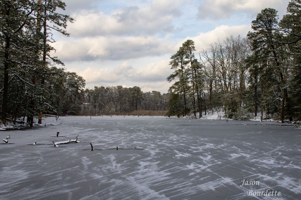 A frozen pond in a winter cold landscape photo showing some trees and the sky with clouds