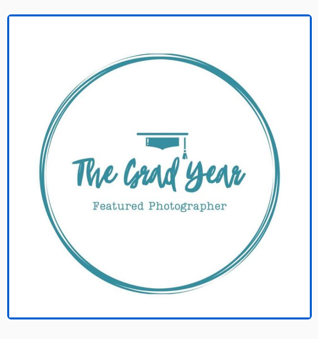 Circular teal logo for The Grad Year Featured Photographer with graduation cap icon.