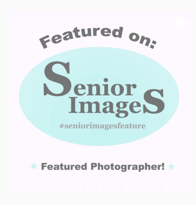 Light blue oval badges with 'Senior Images' text and photographer feature text.
