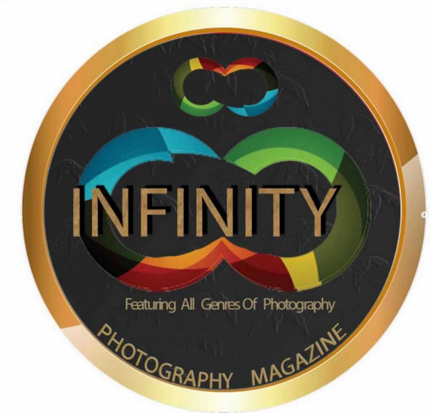 Collection of colorful infinity-symbol logos with gold borders for photography magazines.