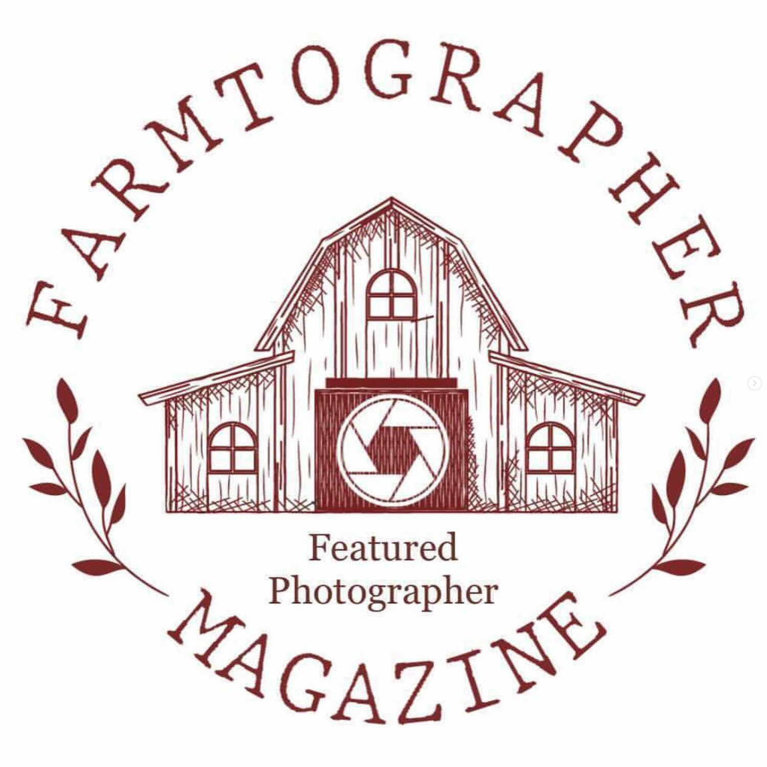 Rustic barn logo design for Farmtographer Magazine with camera lens icon.