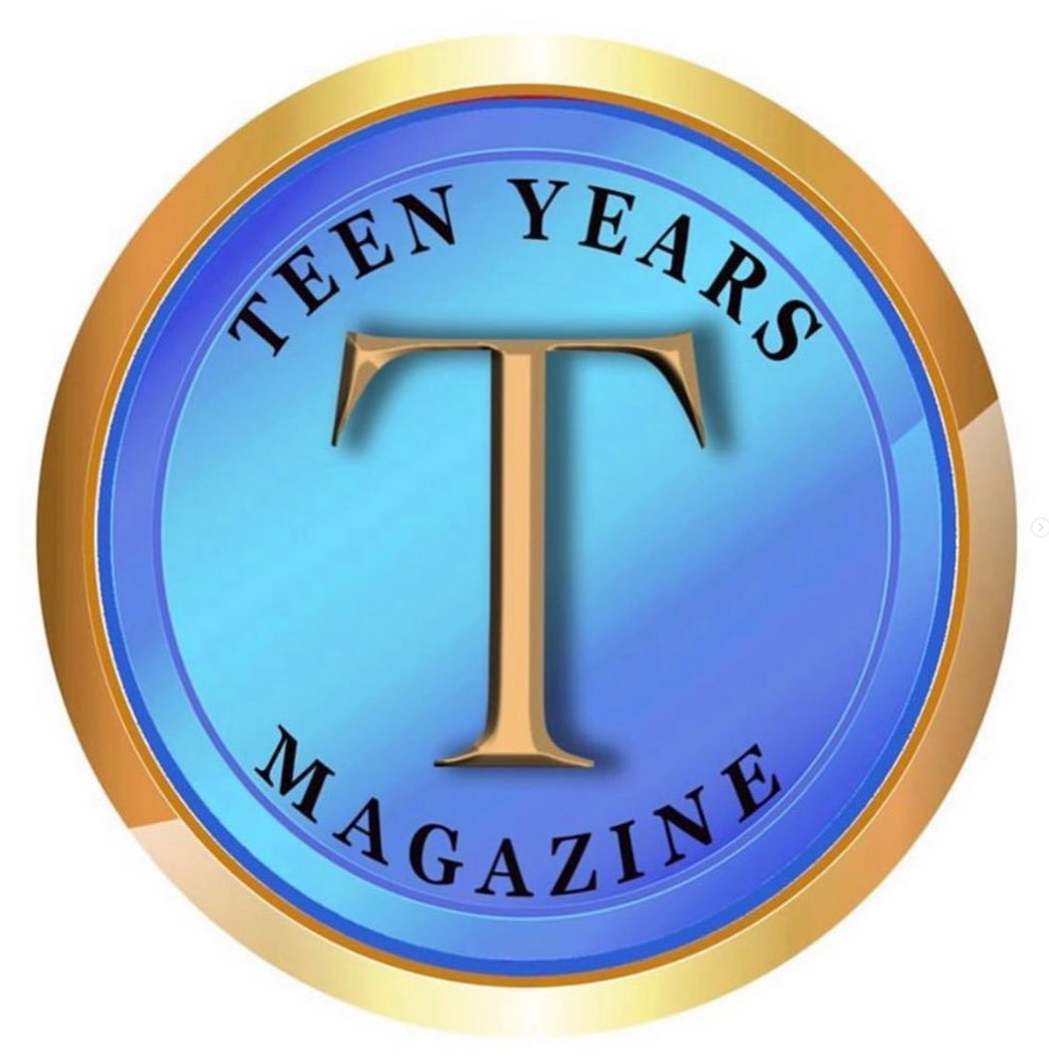 Row of gold-rimmed blue oval badges with letter T and magazine text.