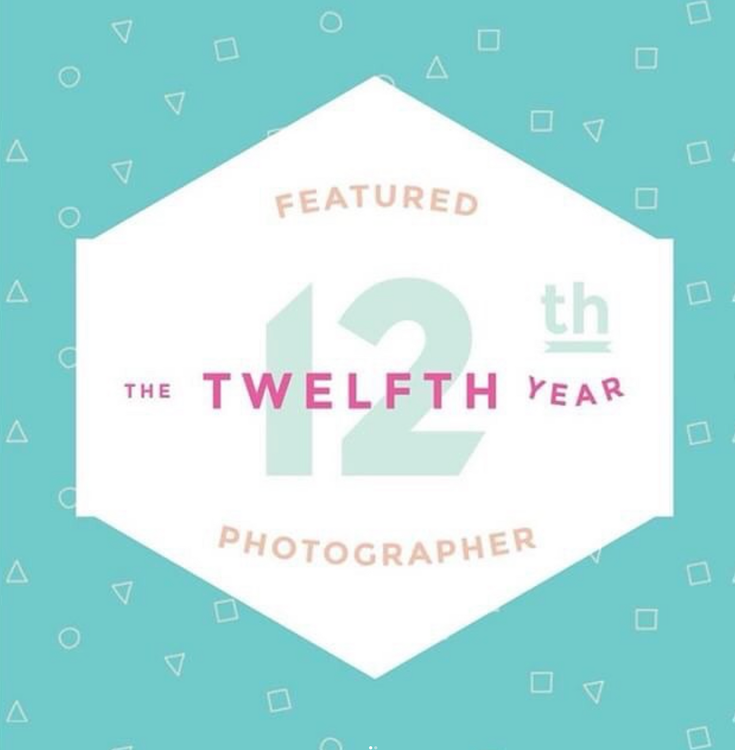 Turquoise banner with geometric shapes and text 'The Twelfth Year' in pink lettering.