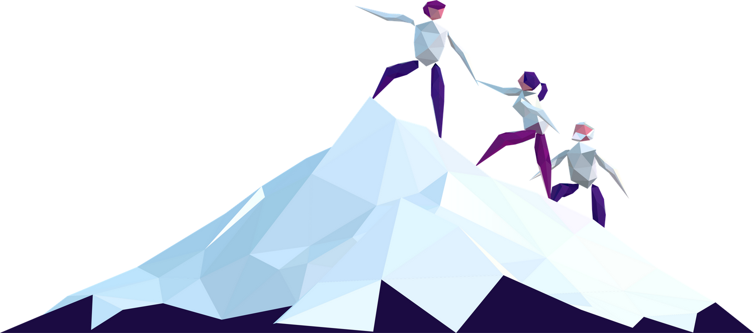 Three people helping each other climb a snow-capped mountain peak, teamwork and success concept illustration.