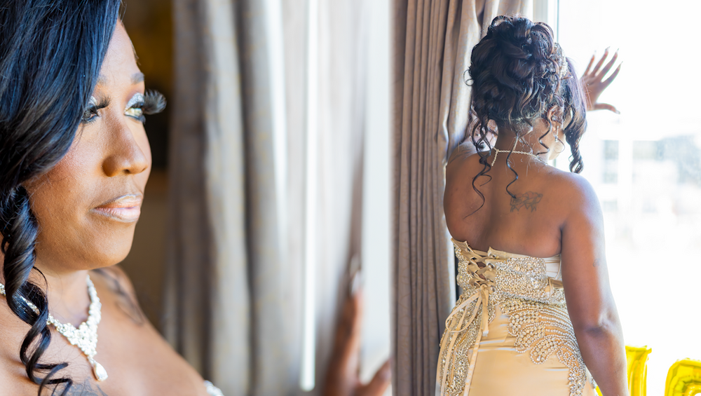 Two elegant bridal preparation photos showing details of hair and dress.