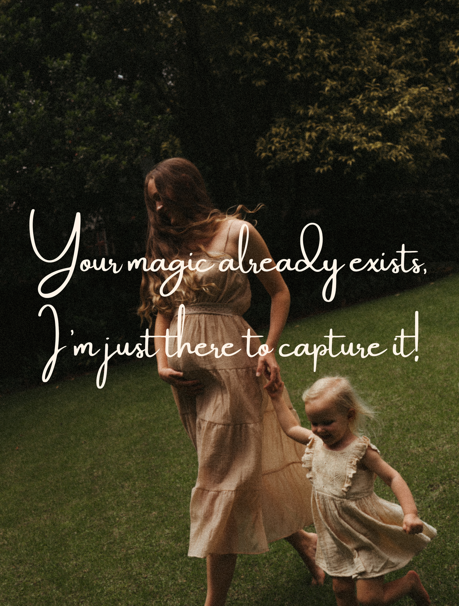 Ethereal outdoor photos of flowing dresses in golden sunlight with overlaid white script text.
