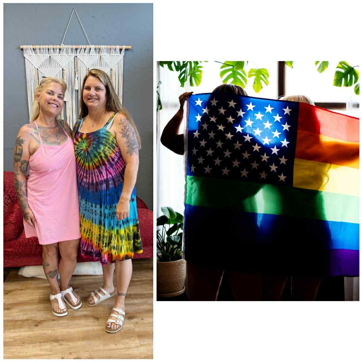 before and after of hair and makeup transformation with a woman holding satin sheets
