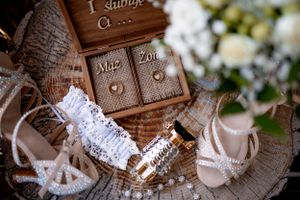 Wedding details including chocolate bars, lace garter and bridal shoes arranged artistically.