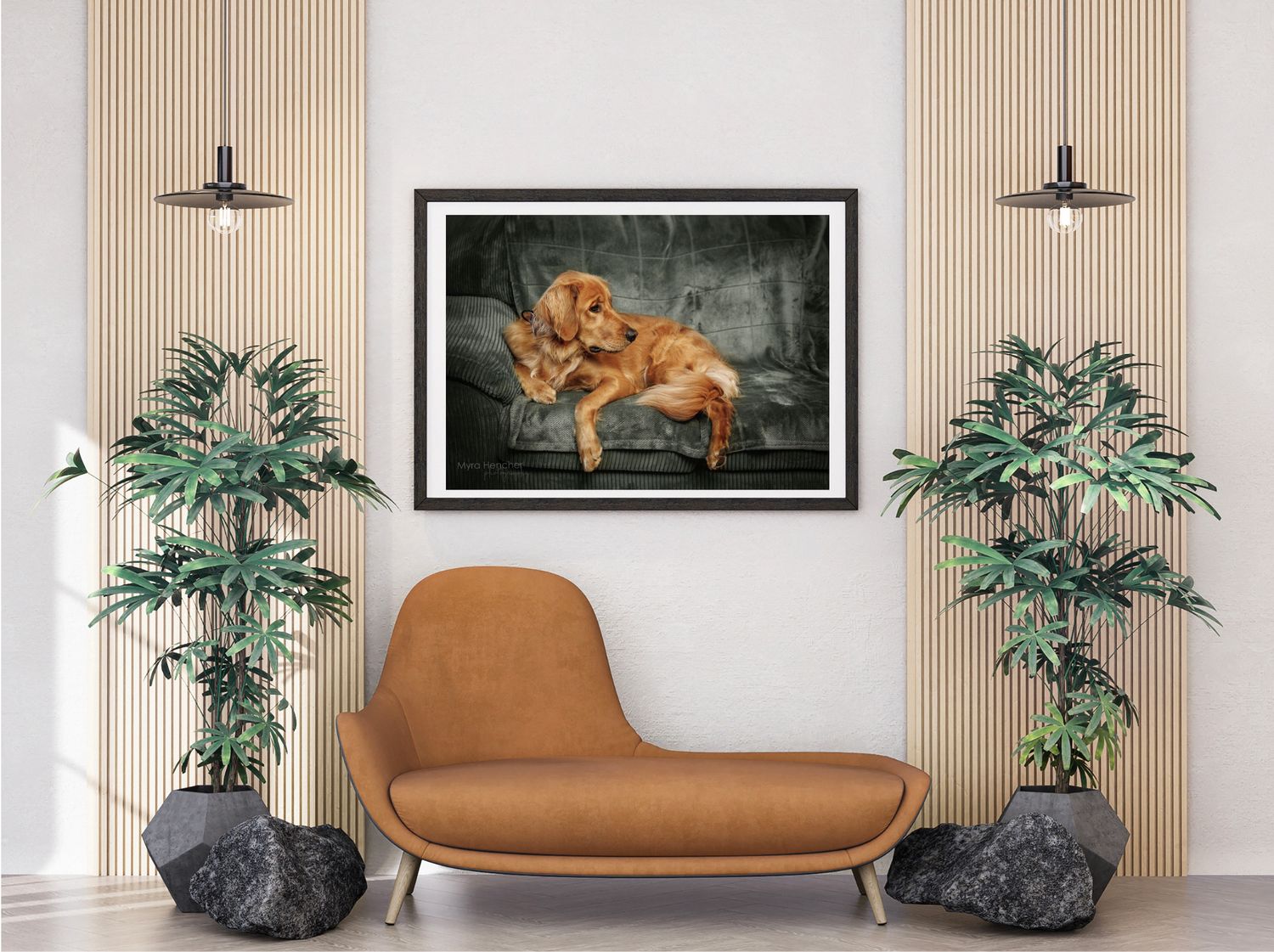 Framed black and white dog photograph displayed above a brown couch in a modern living room.