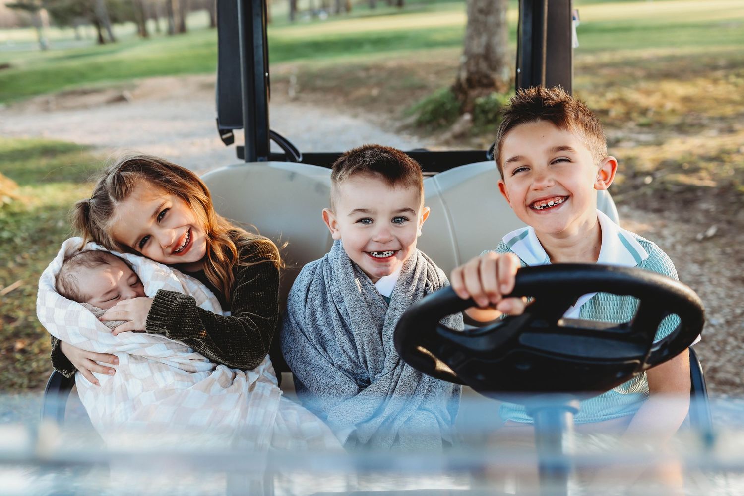 golf cart, golf course, family photos
