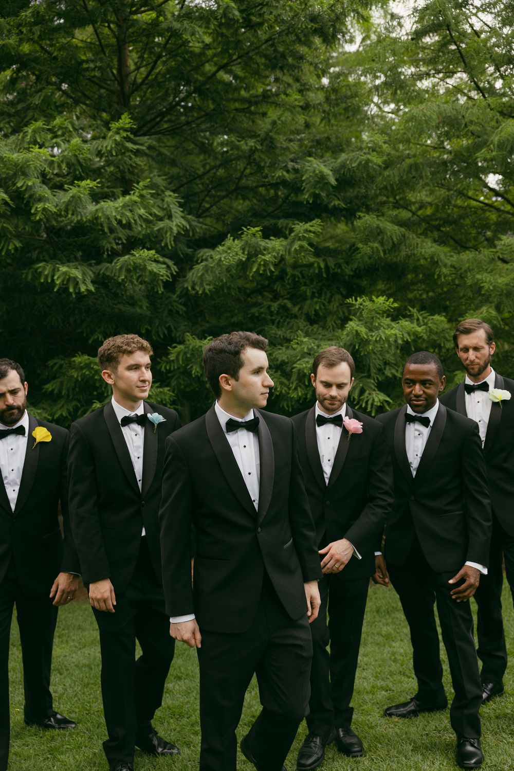 Groom and groomsmen in black tuxedos with bow ties walk outdoors on green grass with lush trees in background.