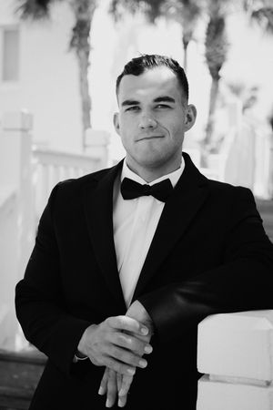 Series of black and white portraits showing formal attire and bow tie details.