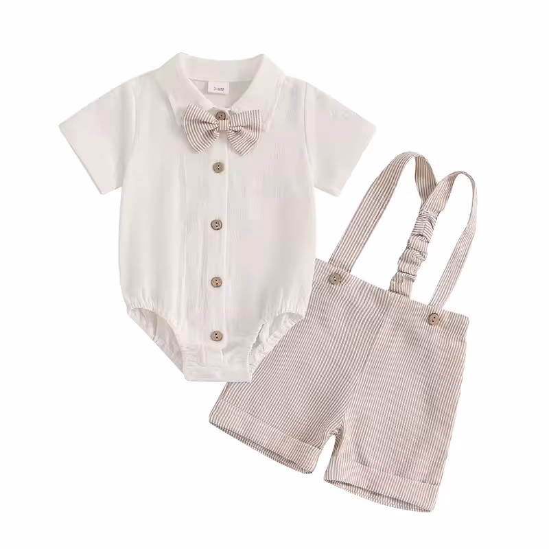 Striped Beige short suspenders with matching beige bow for litle boys age 12 months available outfit at portraits by araceli for client use.