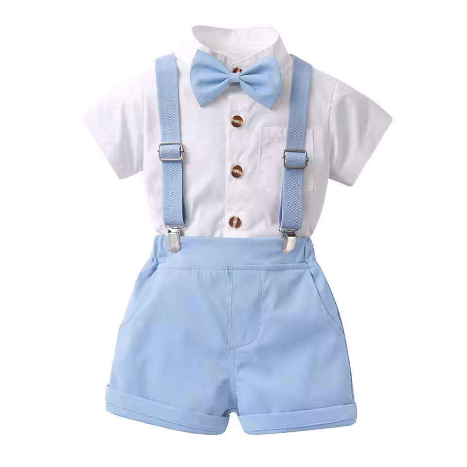 Baby blue short suspenders with matching baby blue bow for litle boys age 12 months available outfit at portraits by araceli for client use.