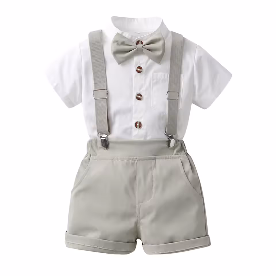 Gray short suspenders with matching gray bow for litle boys age 12 months available outfit at portraits by araceli for client use.