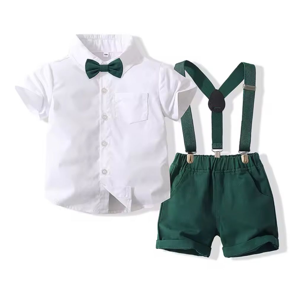 Baby boy formal outfit with white shirt, green bow tie, suspenders and green shorts for special occasions.