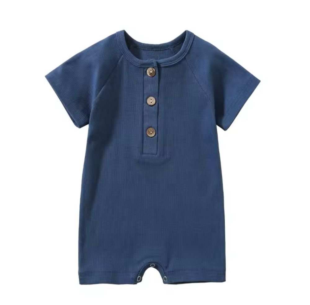 Navy blue cotton baby romper featuring short sleeves and three-button henley neckline.