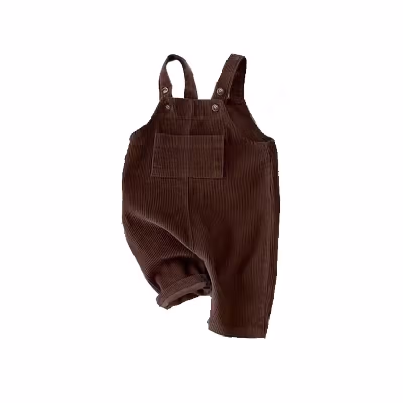 Cute brown overalls available for one year old boys.