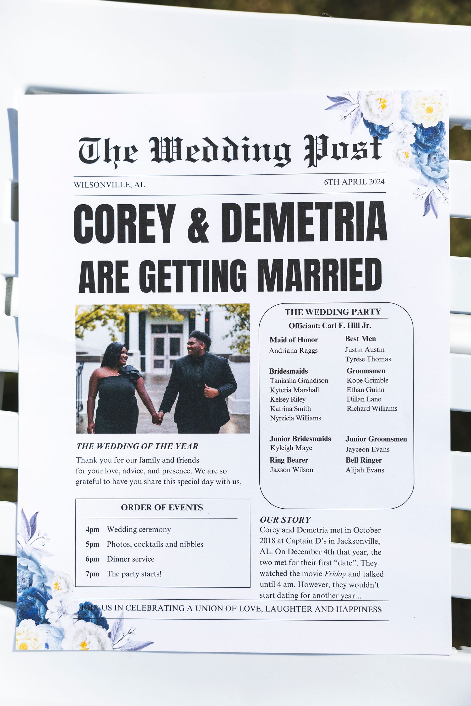 Stylized wedding newspaper program with blue floral details and event schedule.