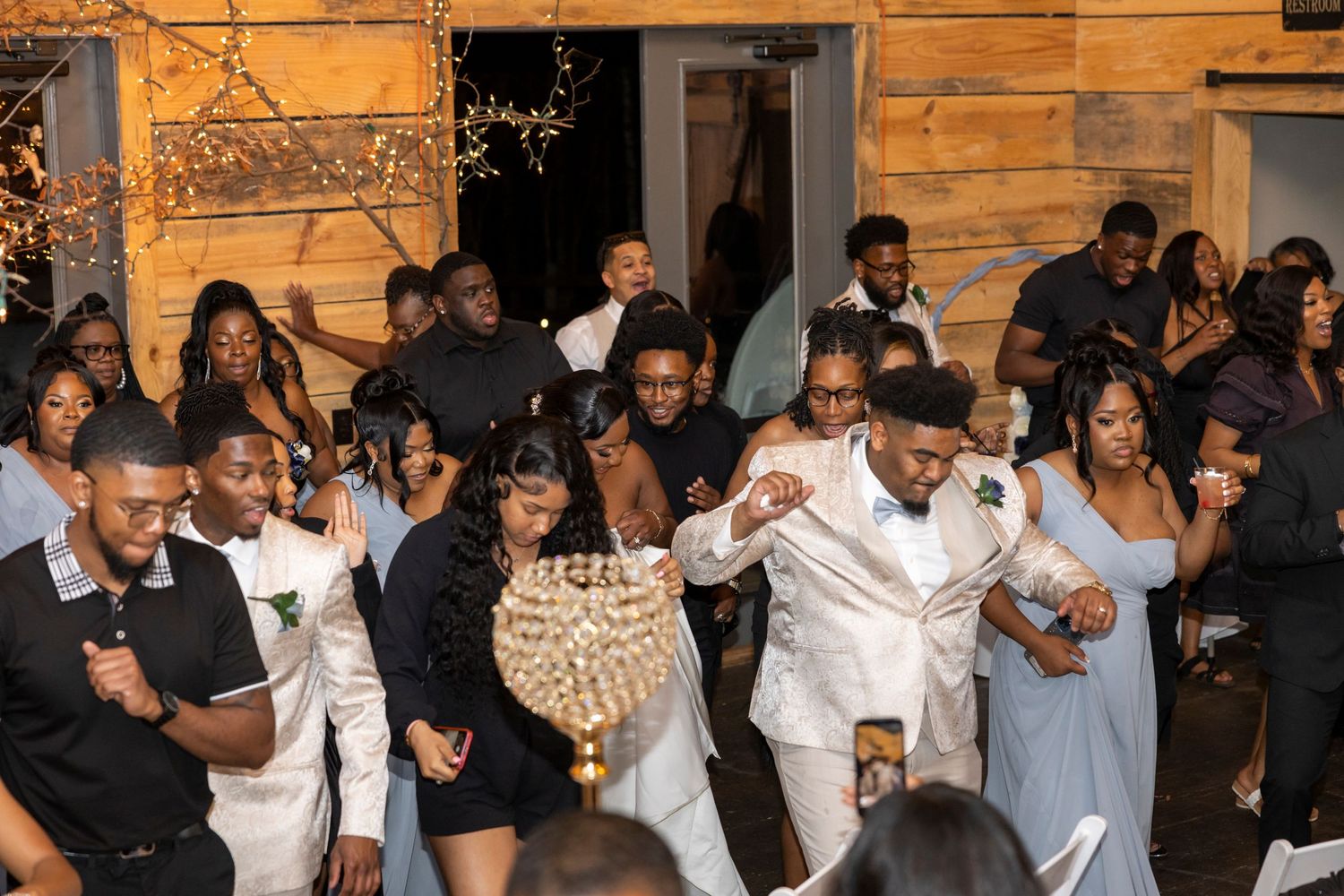 Wedding reception party with guests dancing and celebrating.