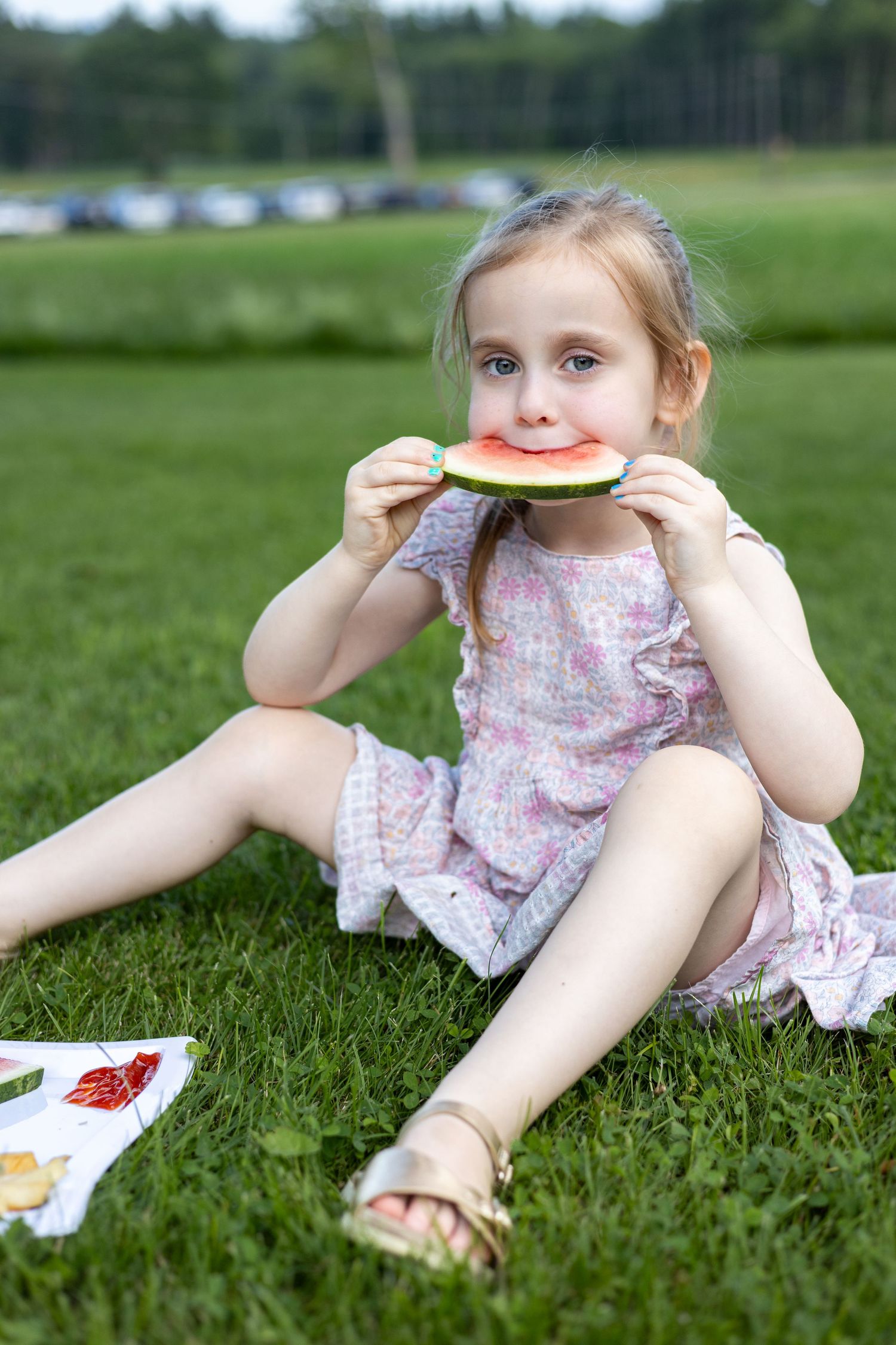 portrait photography. Girl holding small daisy flower laughs joyfully in outdoor portrait. Southern NH