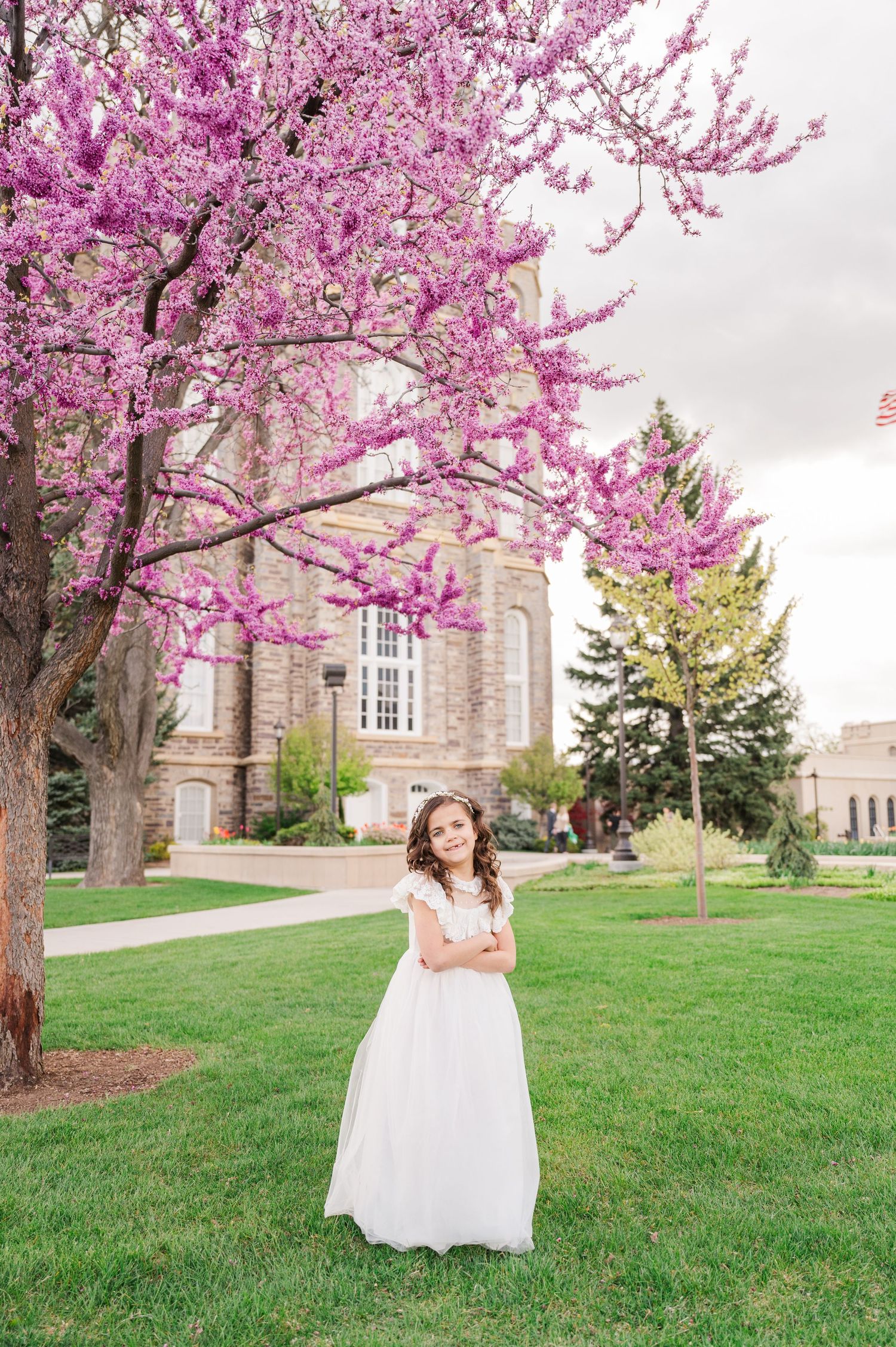 Beautiful spring scene with pink cherry blossoms framing stone temple building.