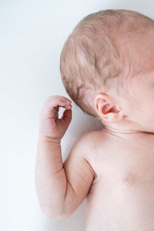 Close-up of sleeping newborn baby from behind showing tiny hand, ear, and delicate skin details.
