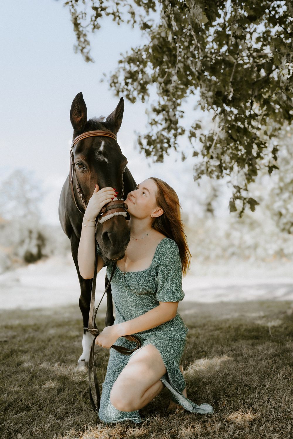 Person in green dress kneeling beside dark horse in sunlit outdoor setting.