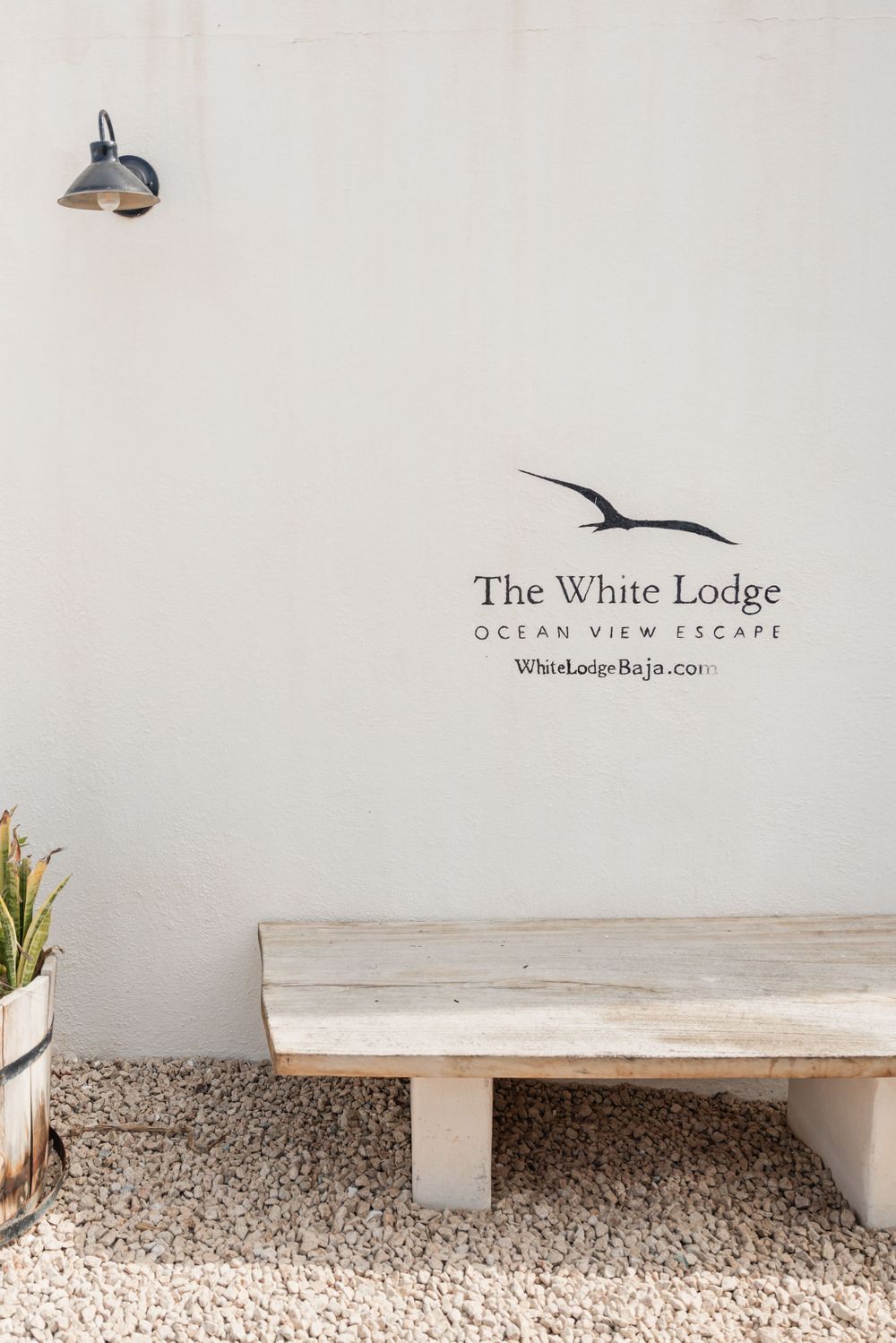 The White Lodge ocean view escape logo and bench against a white wall with vintage light fixture.