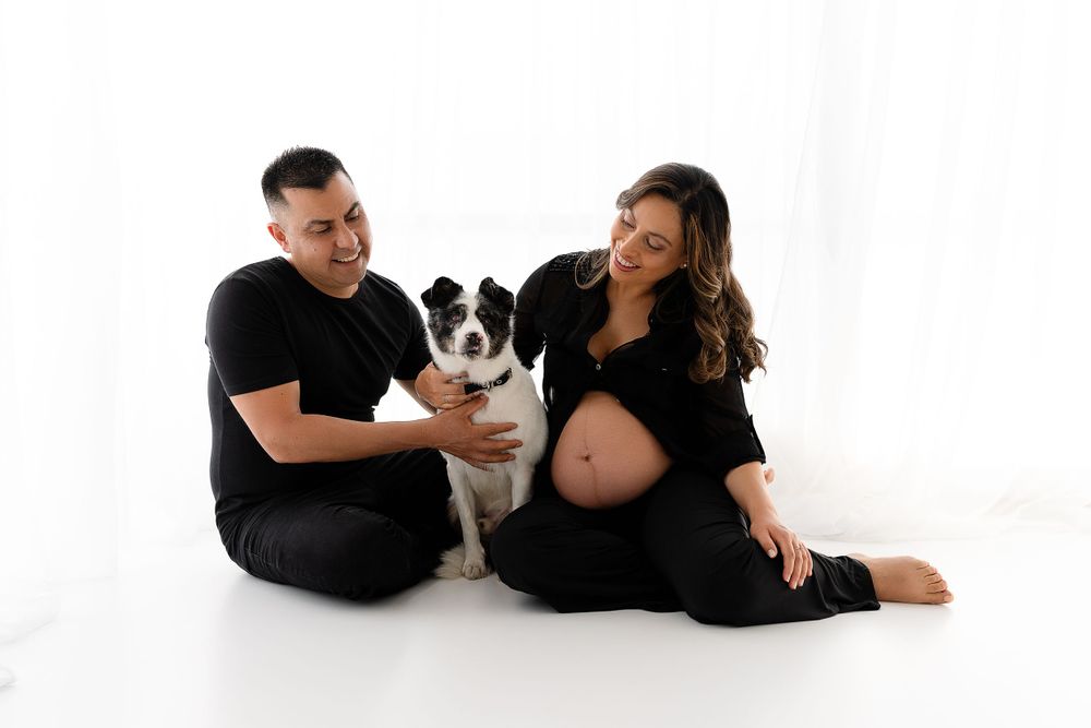 Expectant couple sits with their Border Collie dog during studio photoshoot.
