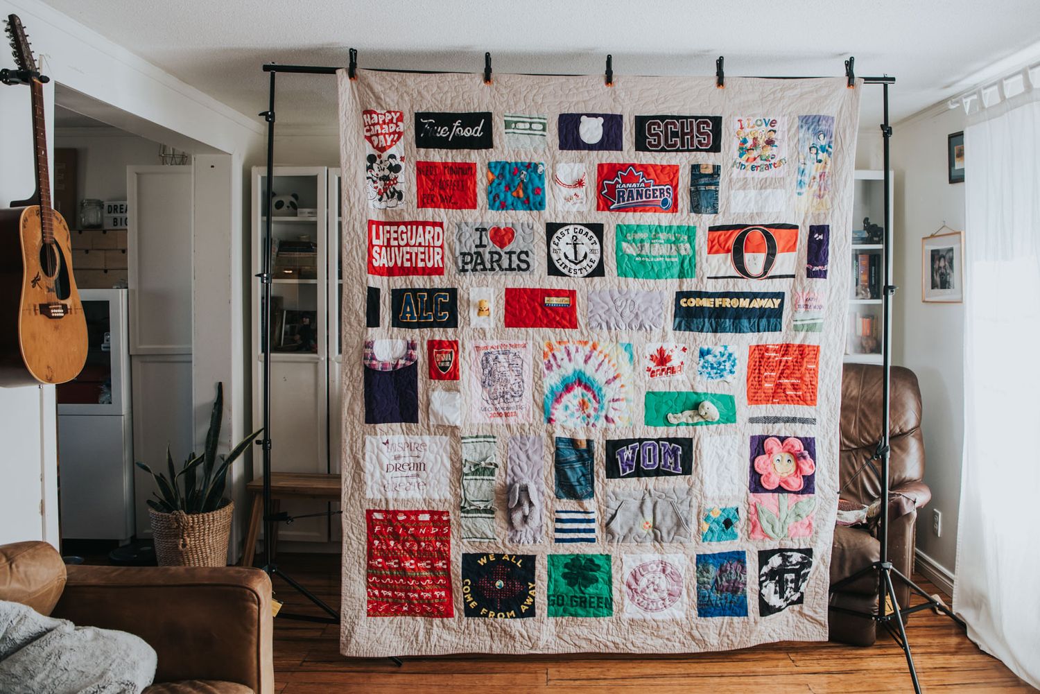 Custom patchwork memory quilt by This Splendid Chaos, made with clothing and Essex linen in flax.