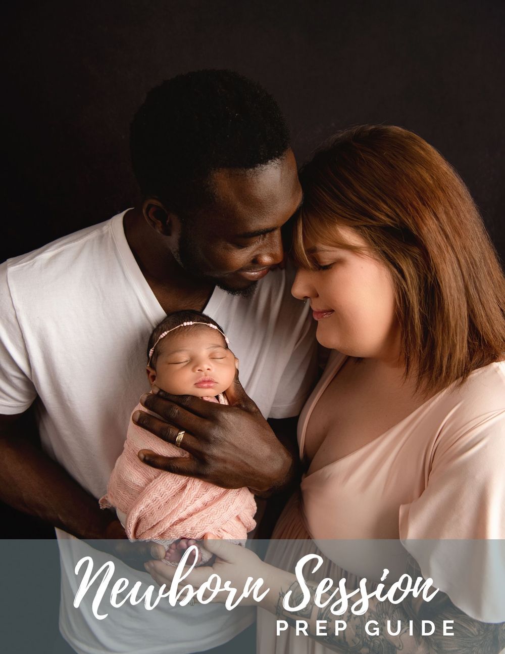 A tender family moment as parents cuddle with their newborn baby for a professional photography session guide cover.