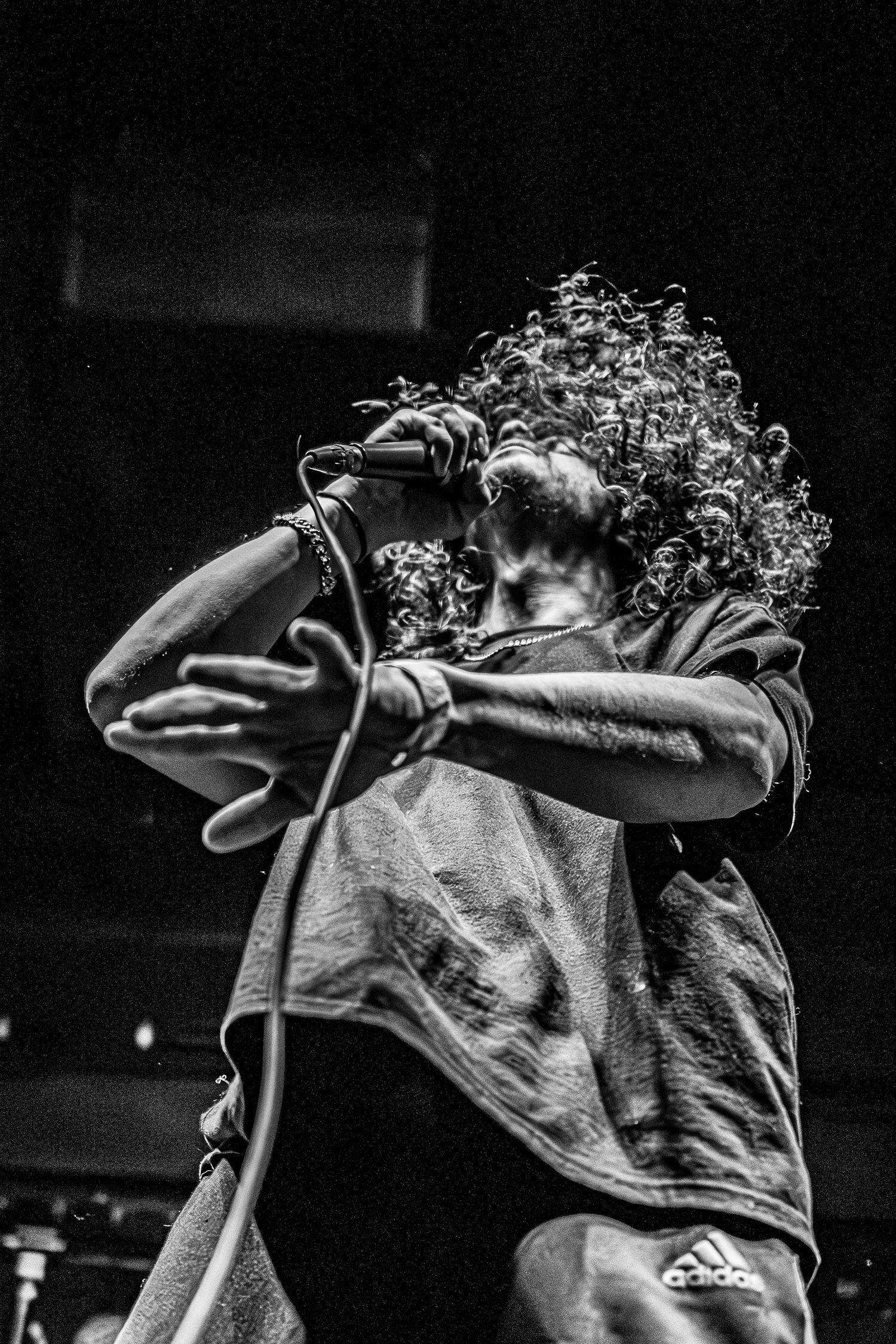 Black and white concert photo showing an energetic performer with curly hair singing into a microphone on stage.