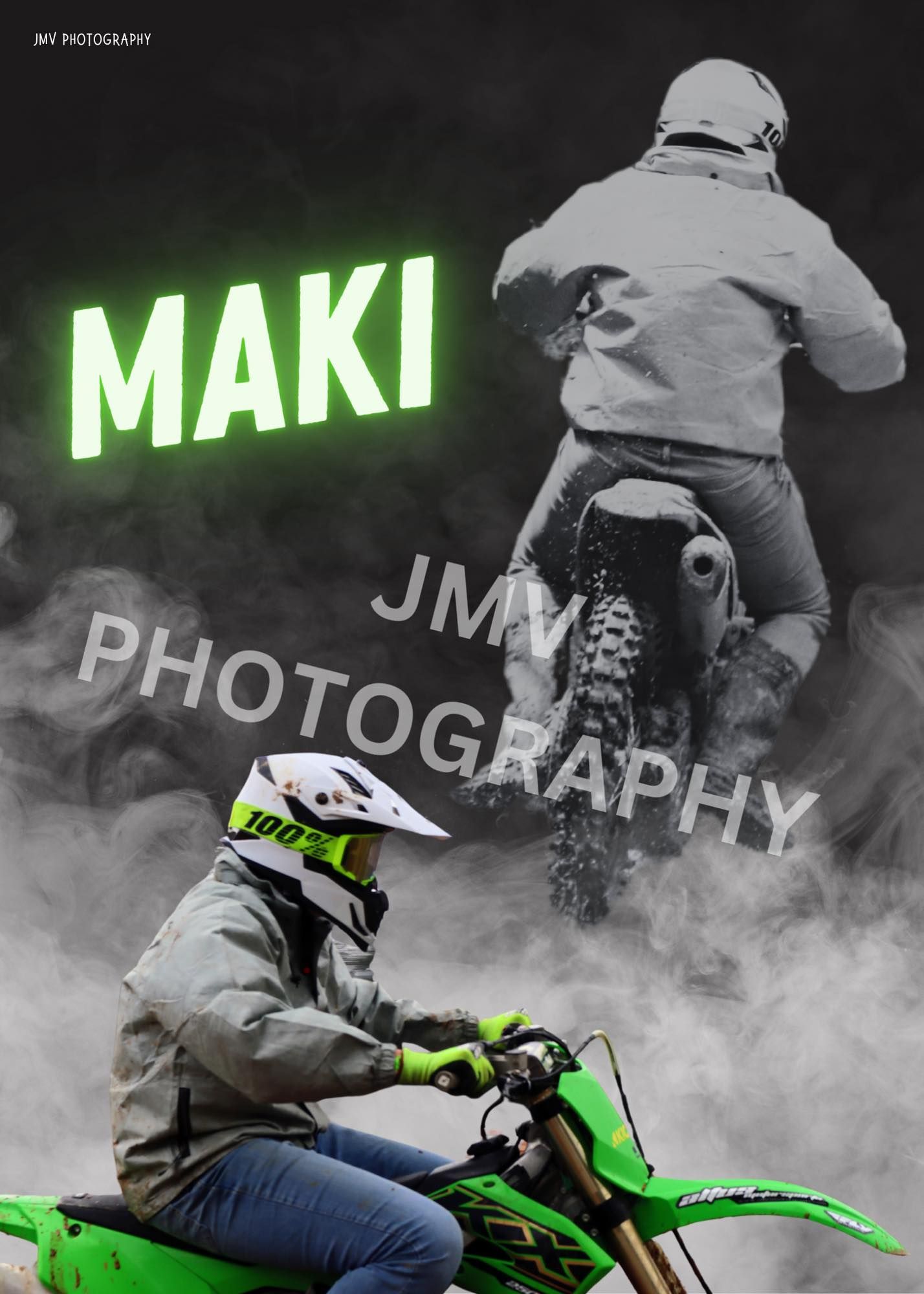 Dirt bike rider performing stunts through smoke on a green motorcycle in dramatic black and white sequence.