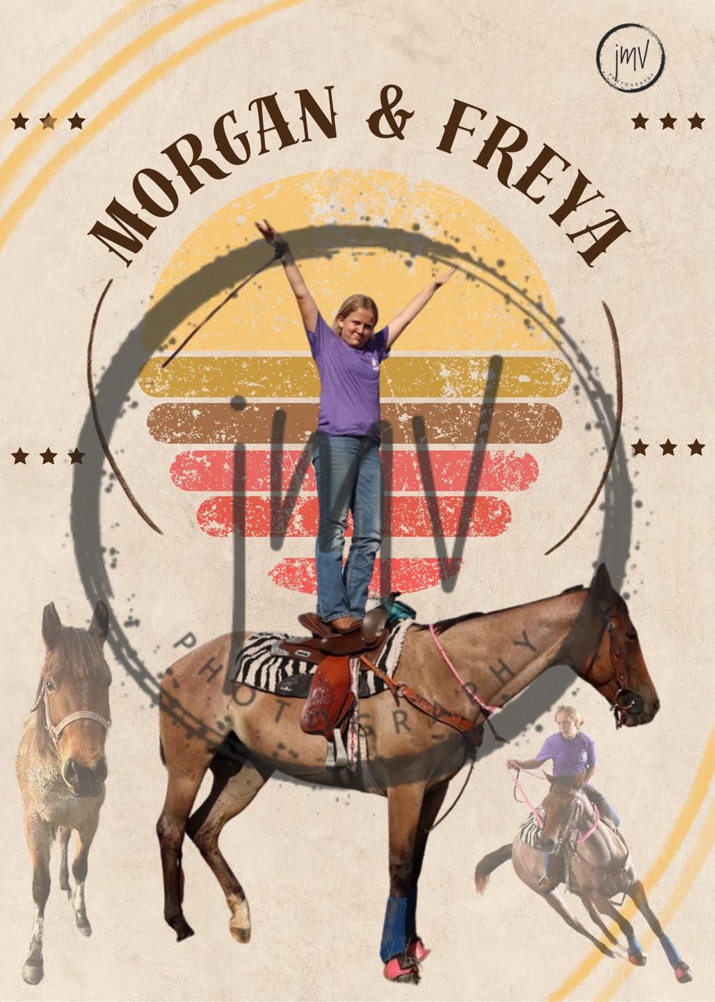 Artistic collage featuring horseback riding poses and movements in a vintage style design.