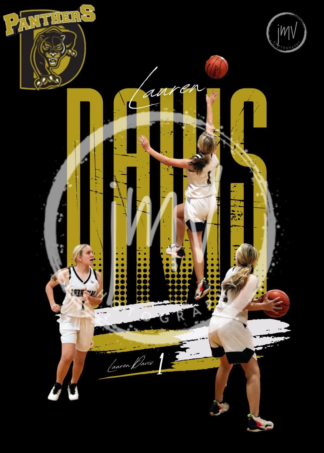 Basketball themed graphic design showing various player silhouettes against a black and gold background.