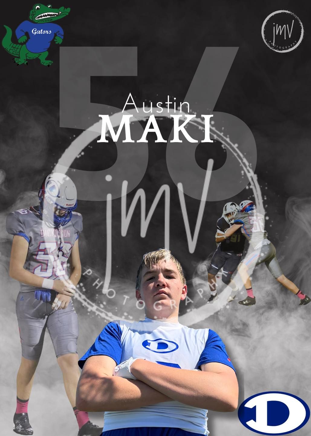 Sports themed design with smoky effects and athletic figures in blue and white.