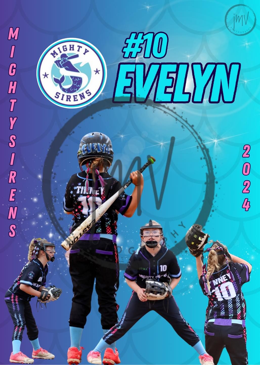 Softball player action sequence showing batting and fielding poses in purple and blue tones.
