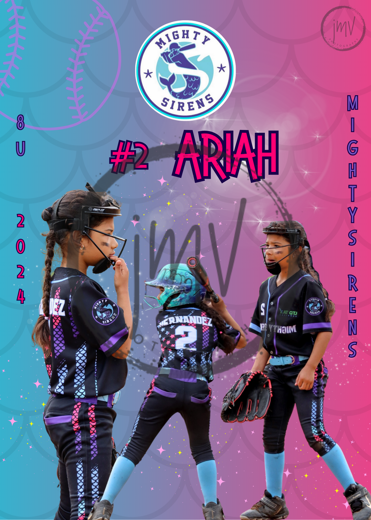 Softball team players in purple uniforms posing in stylized team photo with pink and blue gradient effects.