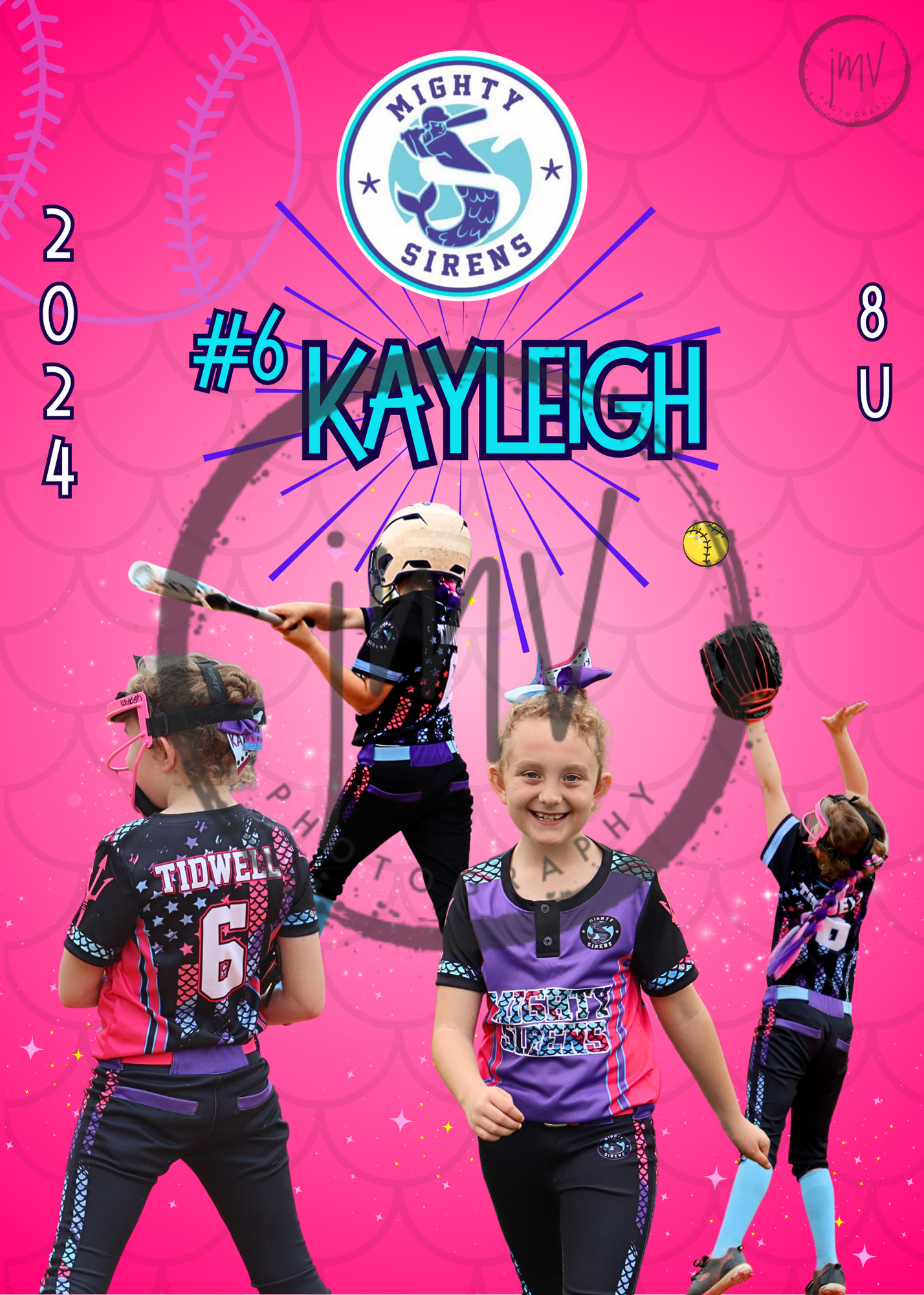 Youth softball players celebrating in action poses with pink background and team graphics.