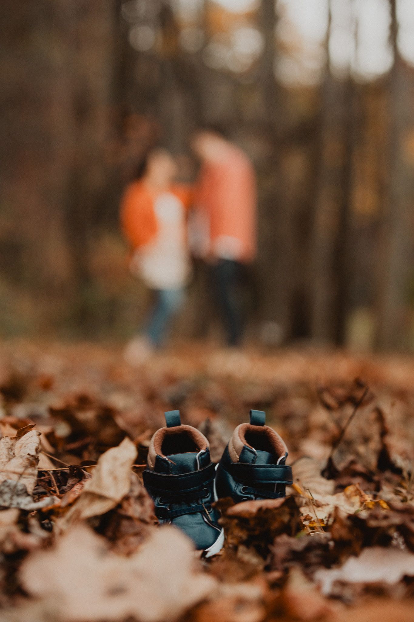 A pair of blue shoes placed among fallen autumn leaves in a forest setting.