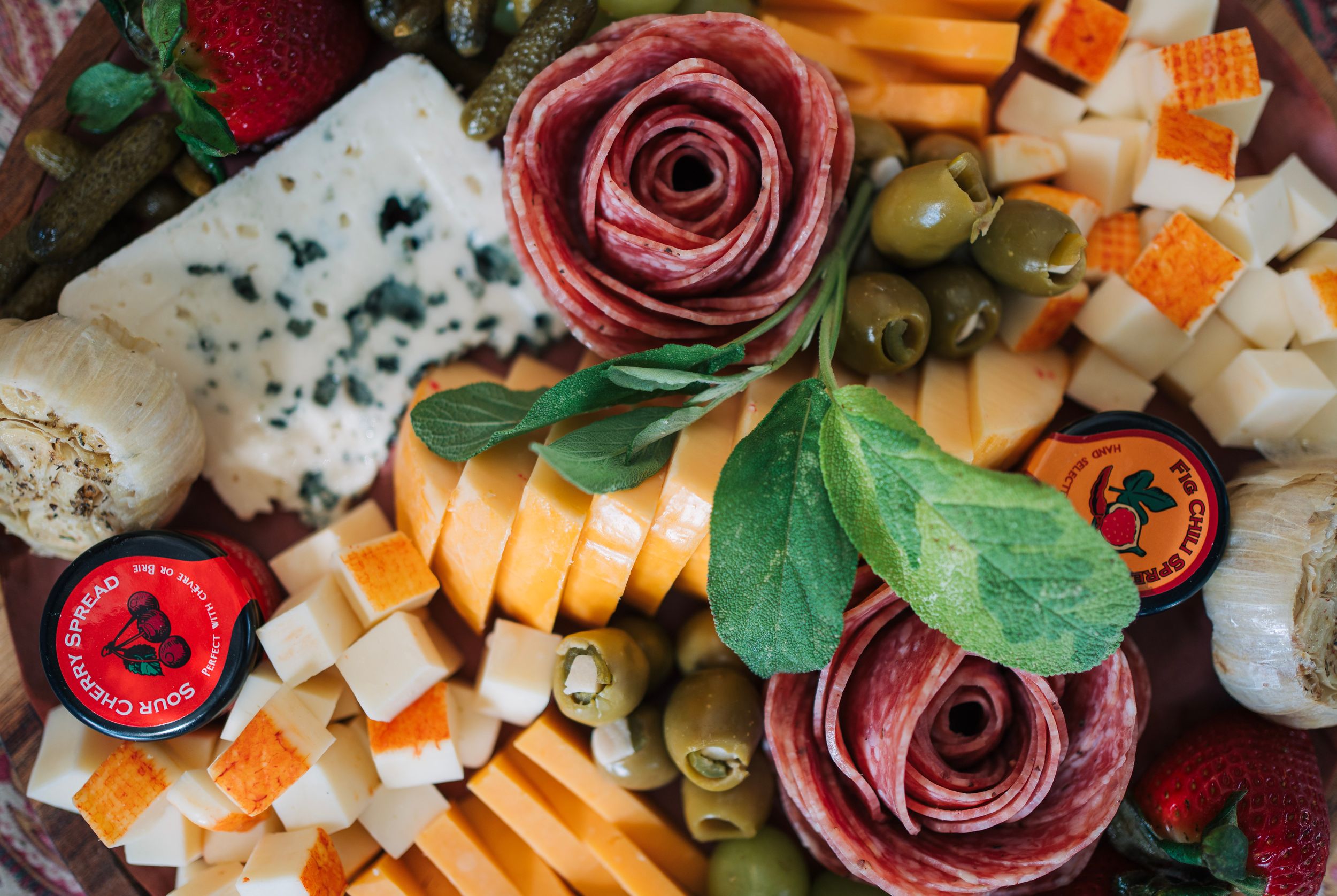 A detail shot of a food product of charcuterie