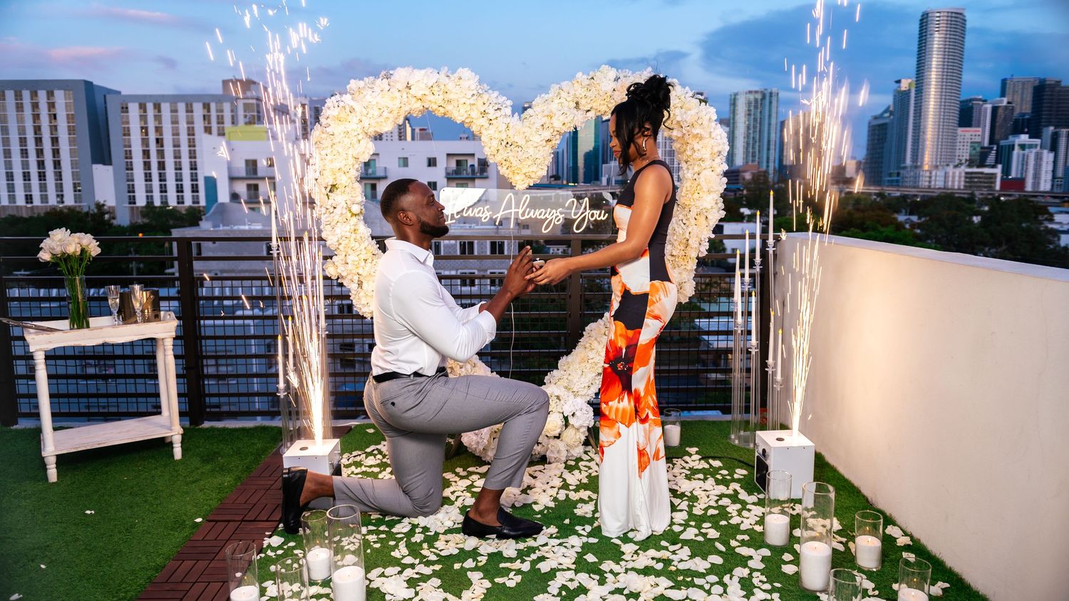 Miami rooftop proposal captured by Miami proposal photographers, Our Story Imagery.