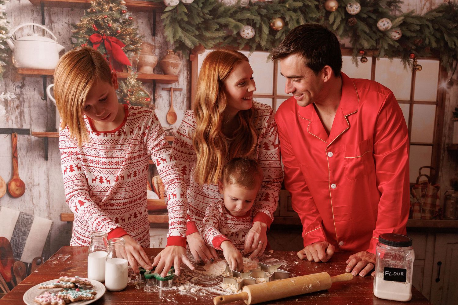 A collage of holiday baking scenes with people in matching red and white striped outfits making cookies in a cozy kitchen.