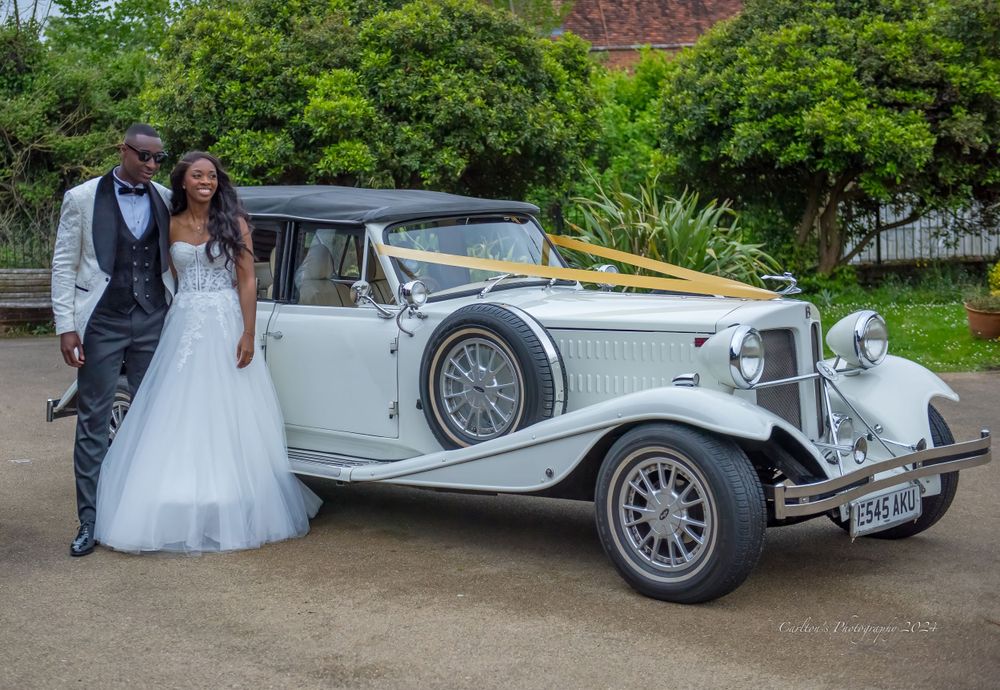 Classic silver vintage wedding car displayed in garden setting.