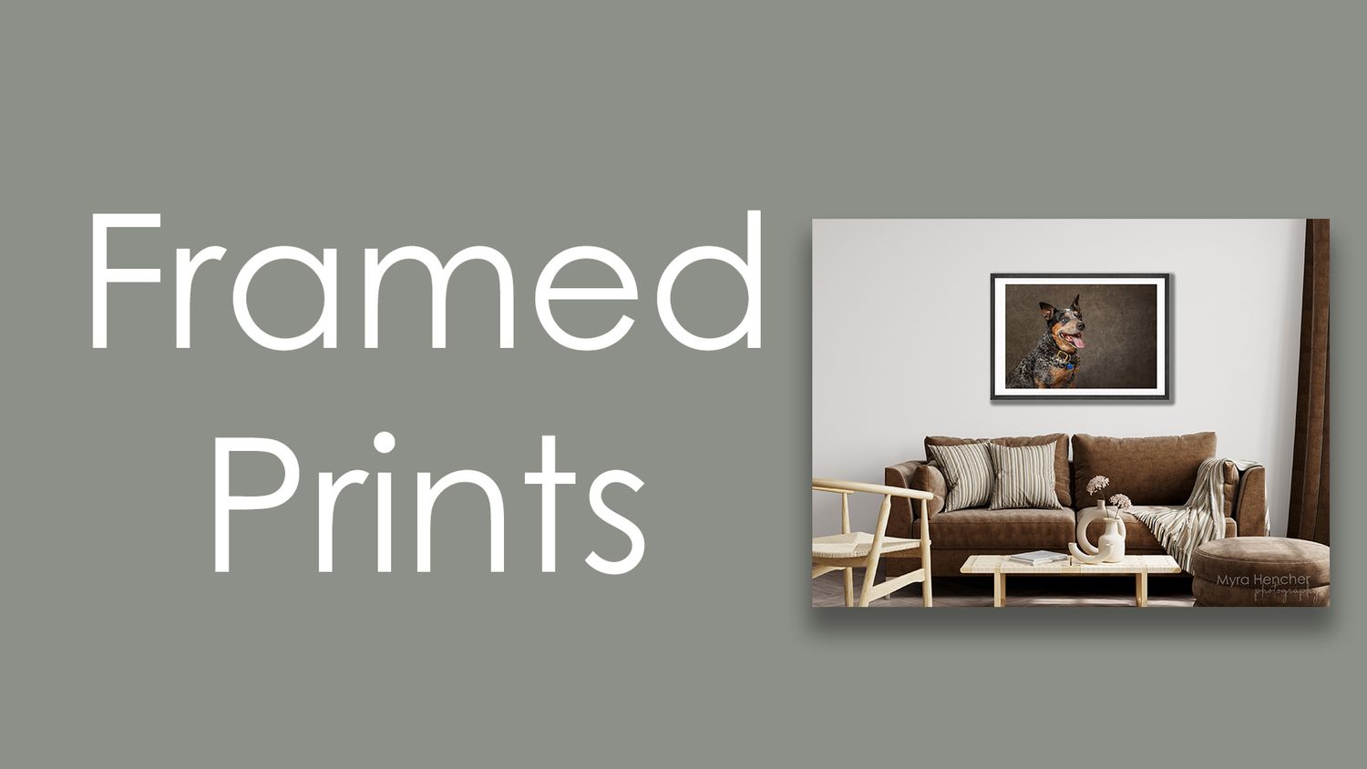 Modern living room interior with framed artwork above tan leather sofa.