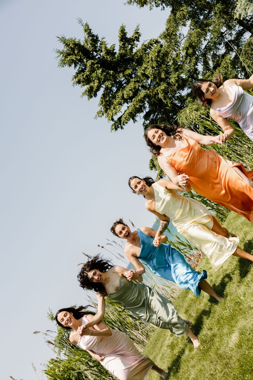 Group of wedding guests dancing together on a sunny lawn with trees in the background.