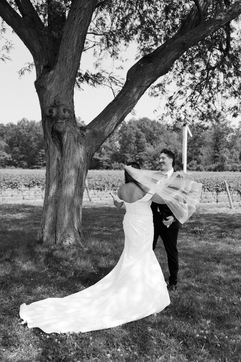 A couple in wedding attire dances romantically under a large tree in a black and white photograph.